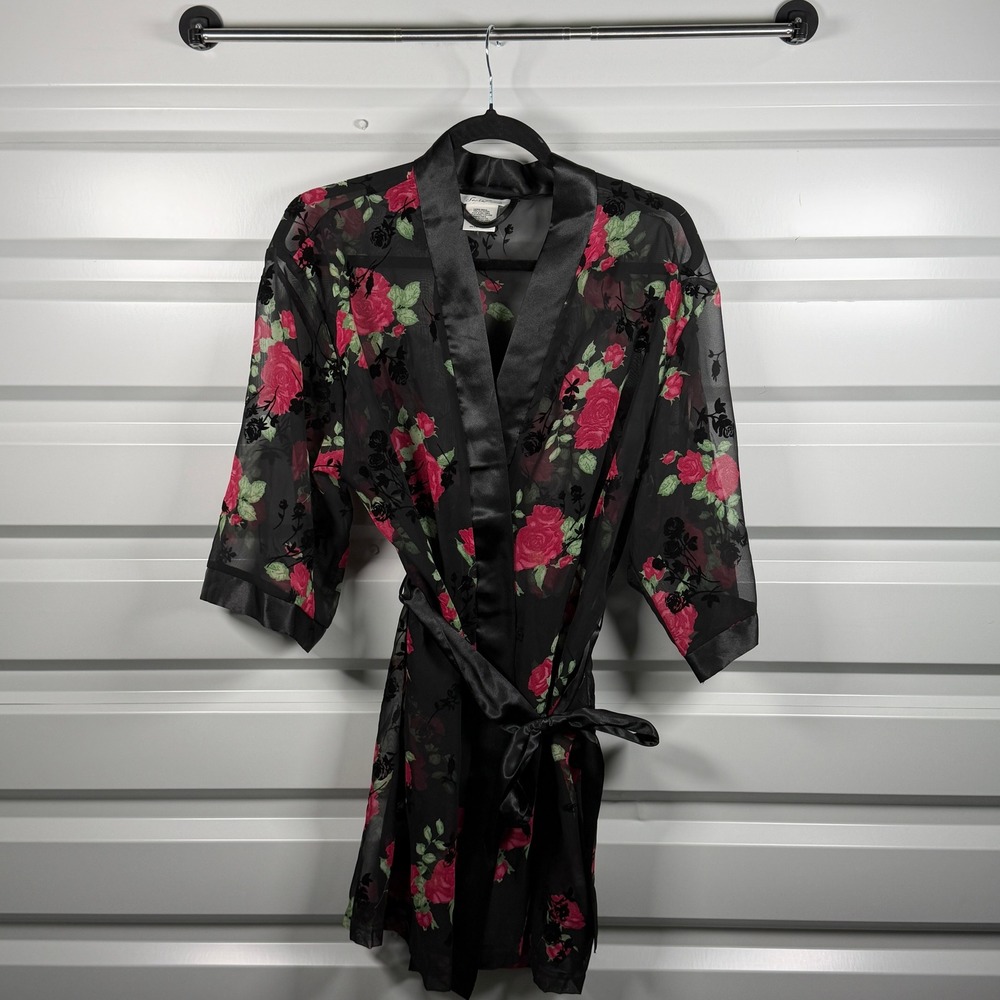 Secret Treasures Sheer Mesh Floral Robe Black Red‎ Velvet Rose Burnout Small